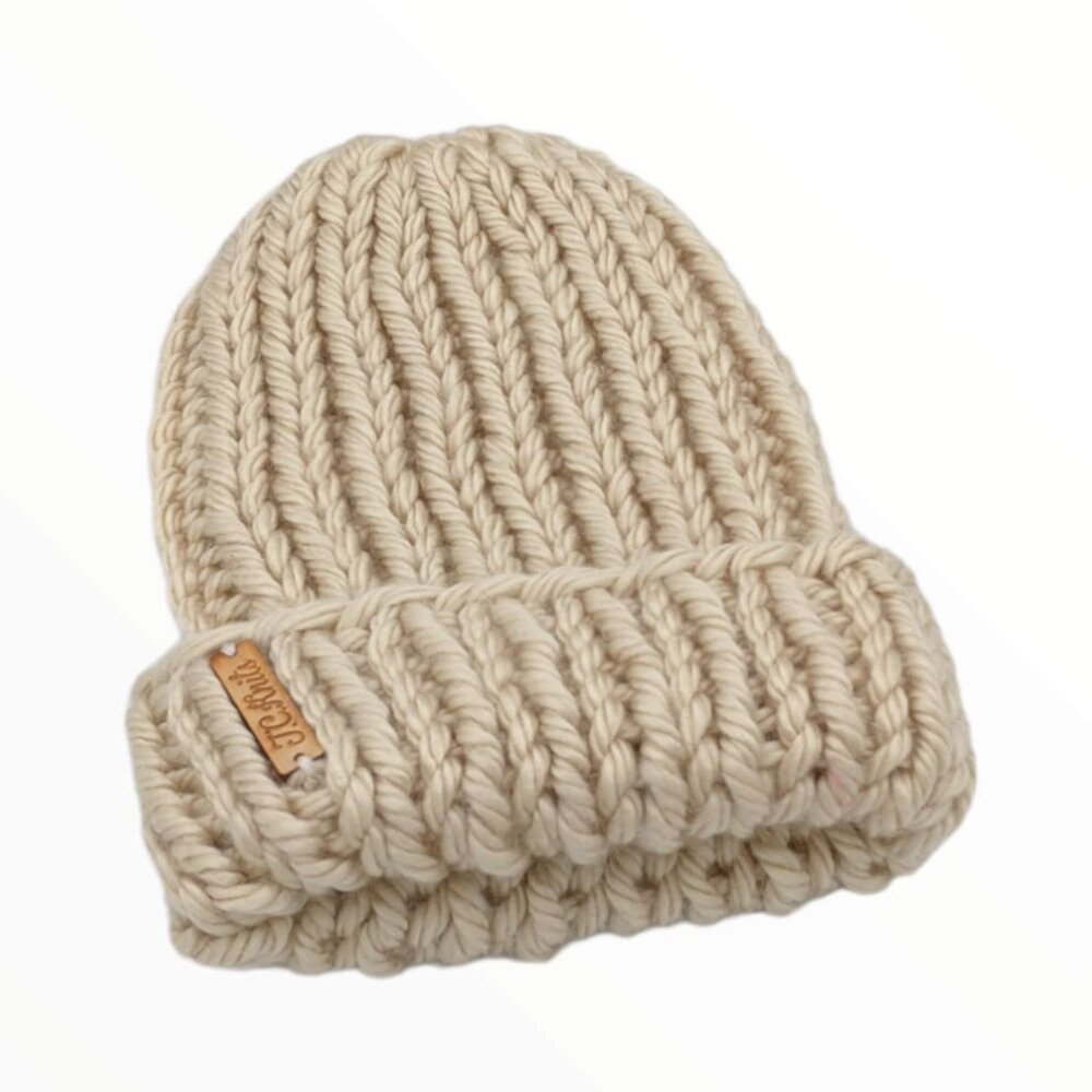 Handmade Knit Hat - Cream Foldover Band - Unisex